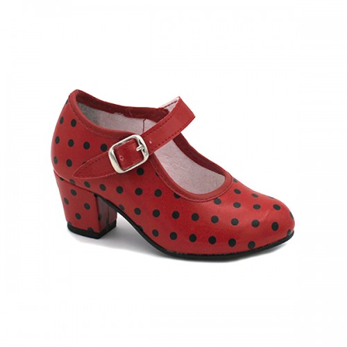 Zapatos flamenco rojo con lunares negros. Fabricado en España