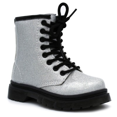 Girls glitter military boots with laces, BUBBLE KIDS 450 Silver